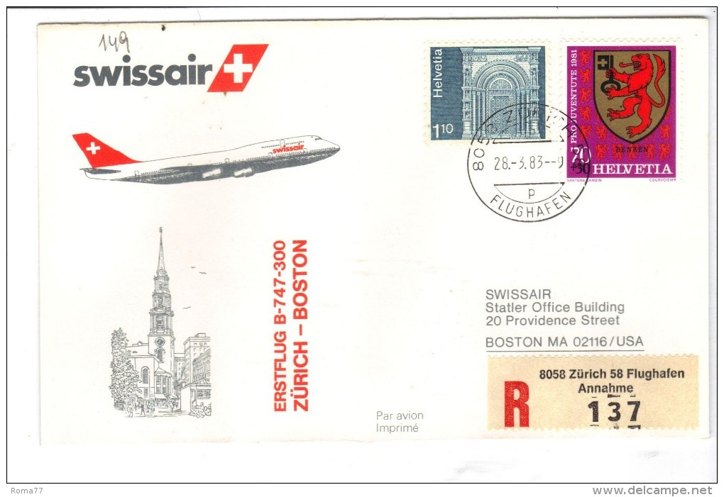 VOL149 - SVIZZERA 1983, Primo Volo Zurich Boston . Raccomandata - Erst- U. Sonderflugbriefe