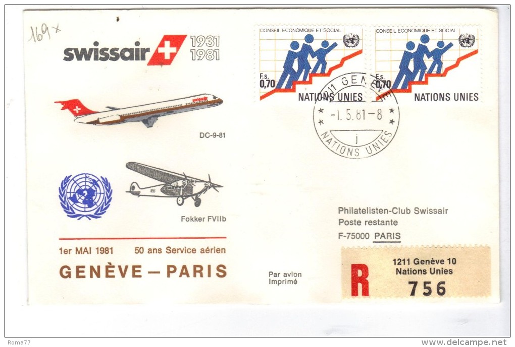 VOL169 - NAZIONI UNITE, Primo Volo Geneve Paris .  Raccomandata - Poste Aérienne