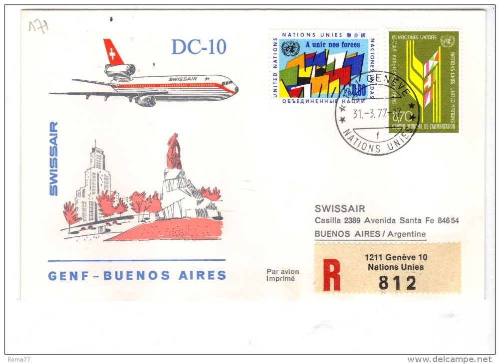 VOL171 - NAZIONI UNITE, Primo Volo Geneve Buenos Aires .  Raccomandata - Poste Aérienne