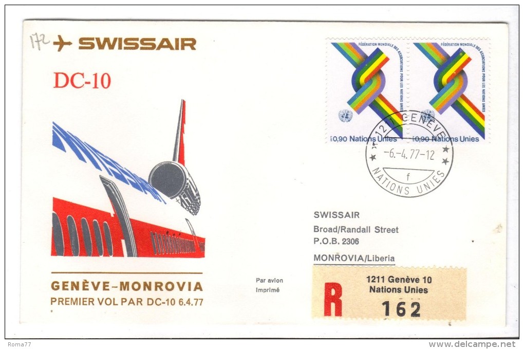 VOL172 - NAZIONI UNITE, Primo Volo Geneve Monrovia .  Raccomandata - Airmail