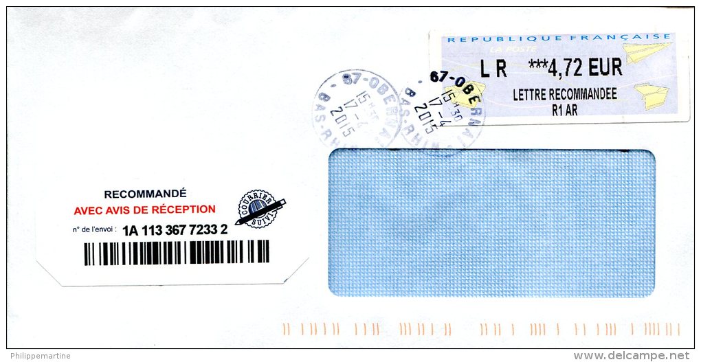 Enveloppe LR 4,72 Eur - Oblitération Obernai (67) Du 17-4-2015 - 2000 Type « Avions En Papier »