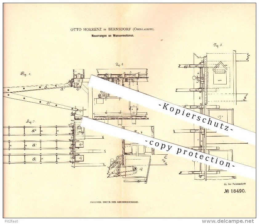 Original Patent - Otto Hoerenz In Bernsdorf / Oberlausitz , 1881 , Wassermotoren , Wasserkraftmaschinen !!! - Sonstige & Ohne Zuordnung