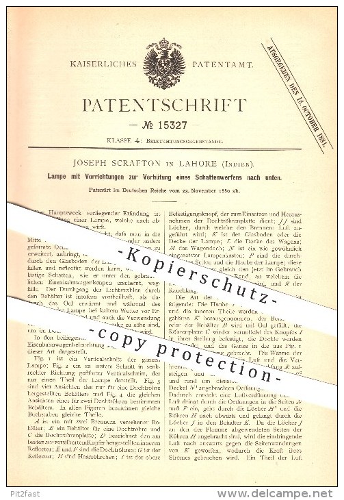 Original Patent - Joseph Scrafton In Lahore , Indien , 1880 , Lampe Mit Vorrichtung Zur Verhütung Eines Schattenwerfens - Indien