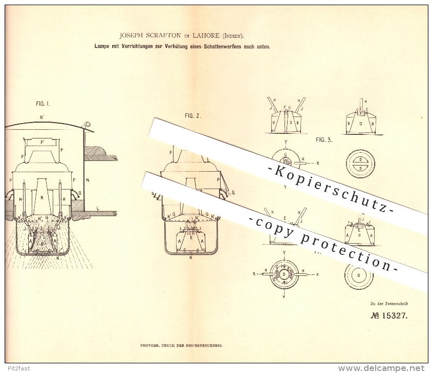 Original Patent - Joseph Scrafton In Lahore , Indien , 1880 , Lampe Mit Vorrichtung Zur Verhütung Eines Schattenwerfens - Indien