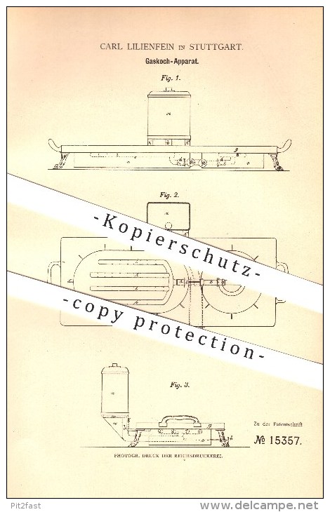 Original Patent - Carl Lilienfein In Stuttgart , 1881 , Gaskoch Apparat , Gaskocher , Gasherd , Herd , Kochen !!! - Historische Dokumente