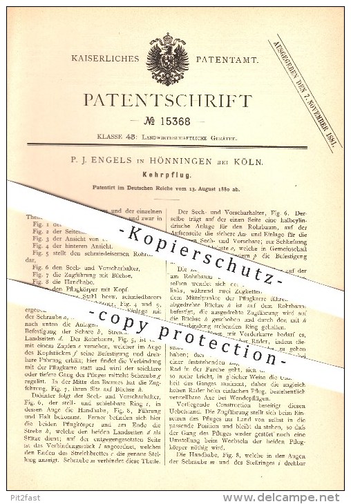 Original Patent - P. J. Engels In Hönningen B. Ahrweiler , 1880 , Kehrpflug , Pflug , Landwirtschaft , Neuenahr !!! - Bad Neuenahr-Ahrweiler