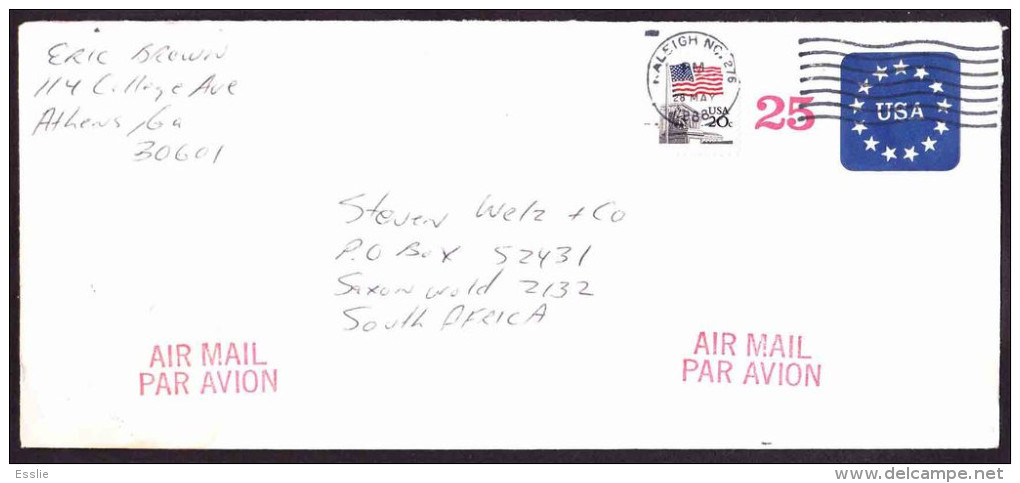 USA On Air Mail Cover To South Africa - 1988, Flag And Stars Embossed, STAMPED ENVELOPES - 1981-00