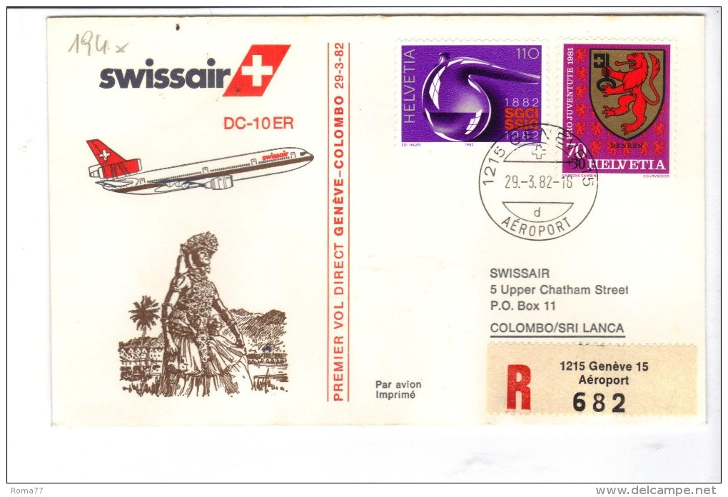 VOL194 - SVIZZERA 1982, Swissair Primo Volo Ginevra Colombo Sri Lanka . Raccomandata - Premiers Vols