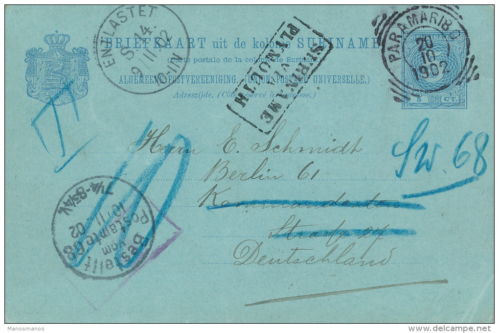 EB038 - SURINAME Entier Postal PARAMARIBO 1902 - RARE Taxé 10 Pfgs Vers Allemagne - SURINAME Via PLYMOUTH - Surinam ... - 1975