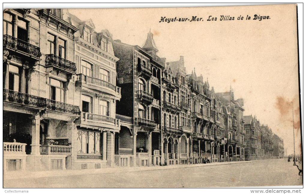 12 postkaarten Litho RECLAME Brasserie St Georges (ed. BRIEN ) , Villas Dijk Bld Léopold Statieplaats Vissersboten Heist