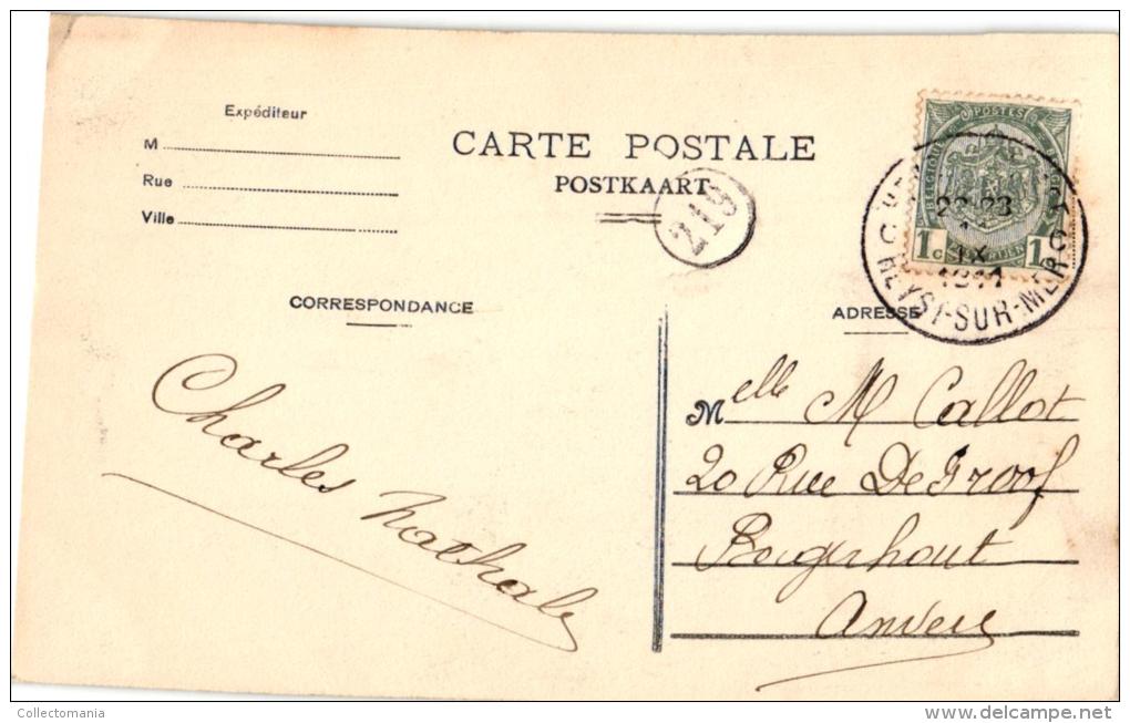 12 postkaarten Litho RECLAME Brasserie St Georges (ed. BRIEN ) , Villas Dijk Bld Léopold Statieplaats Vissersboten Heist