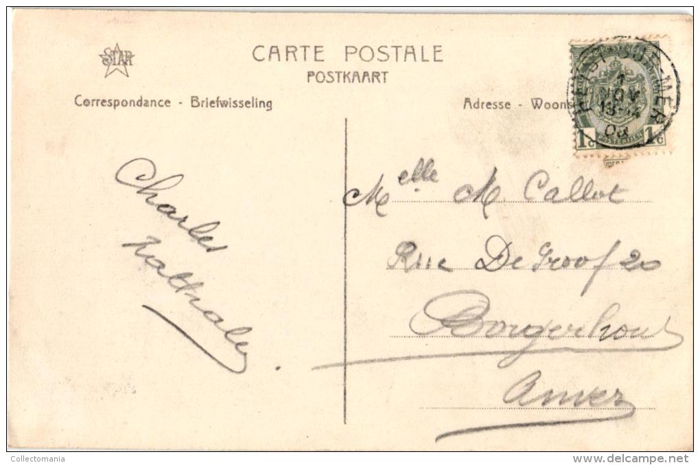 12 postkaarten Litho RECLAME Brasserie St Georges (ed. BRIEN ) , Villas Dijk Bld Léopold Statieplaats Vissersboten Heist