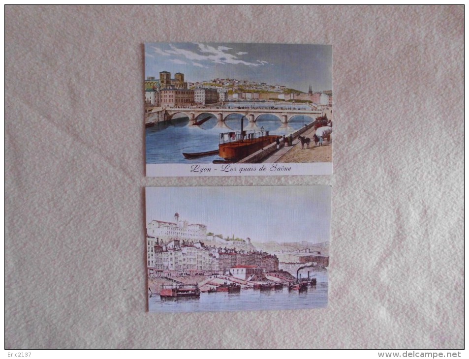 2 CARTES..REPRODUCTIONS GRAVURES.....LES QUAIS DE SAONE ET EMBARCADERE DES BATEAUX A VAPEUR... - Autres & Non Classés