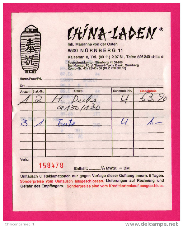 Facture - China-Laden - Inh. Marianne Von Der Osten - Nürnberg - 1986 - Food