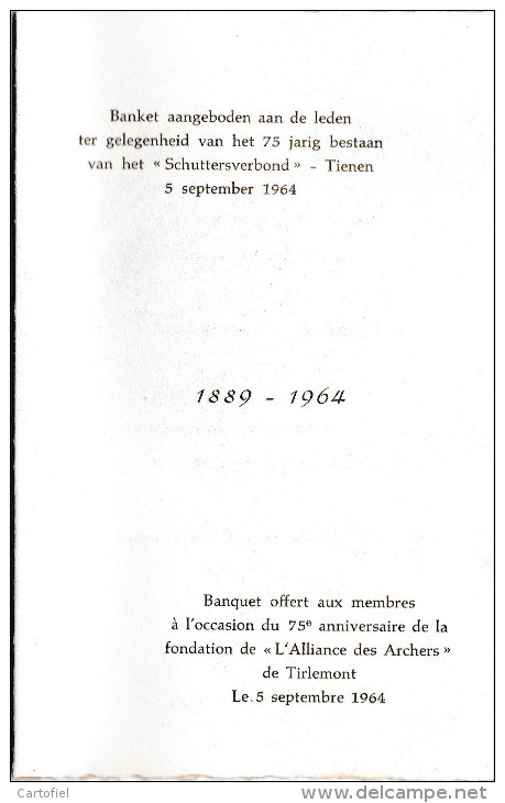 TIENEN-SCHUTTERSVERBOND-ALLIANCE DES ARCHERS-1964-ORIGINELE-MENU-MOOI ARCHIEFSTUK-ZIE 3 SCANS ! ! ! - Tienen