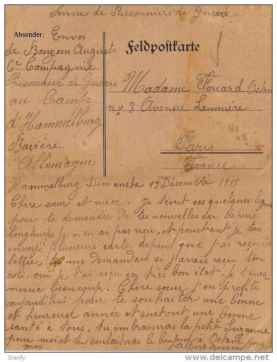 CAMPO PRIGIONIERI POW CAMP HAMMELBURG GERMANY 1915 PARIS FRANCE - Posta Militare (PM)