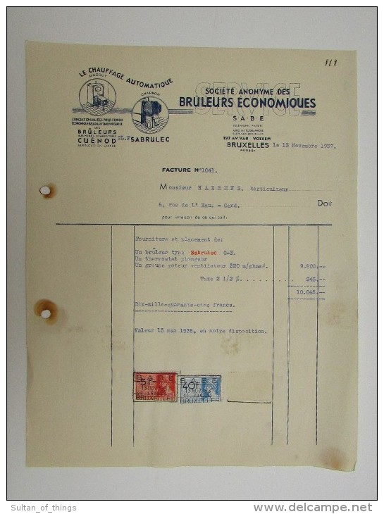 Facture Invoice Chauffage Automatique Mazout Charbon Sabrulec Bruxelles Forest Vorst Volxem SA Brûleurs économiques 1937 - Électricité & Gaz