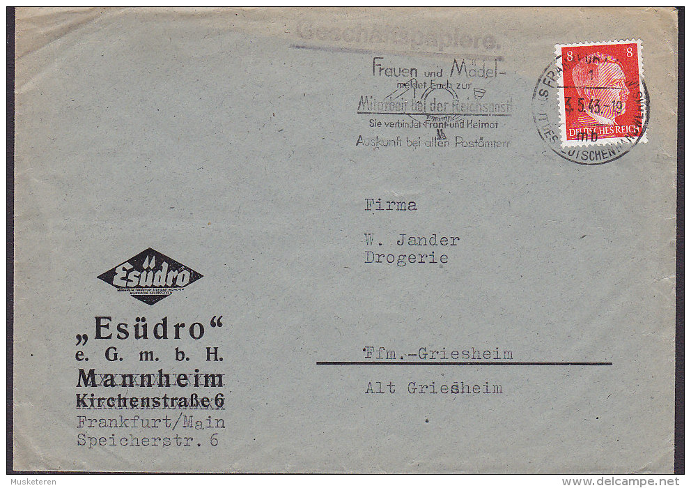 Germany Deutsches Reich ESÜDRO, FRANFURT (Main) 1943 Cover Brief Drogerie ALT GRIESHEIM Hitler Stamp - Covers & Documents