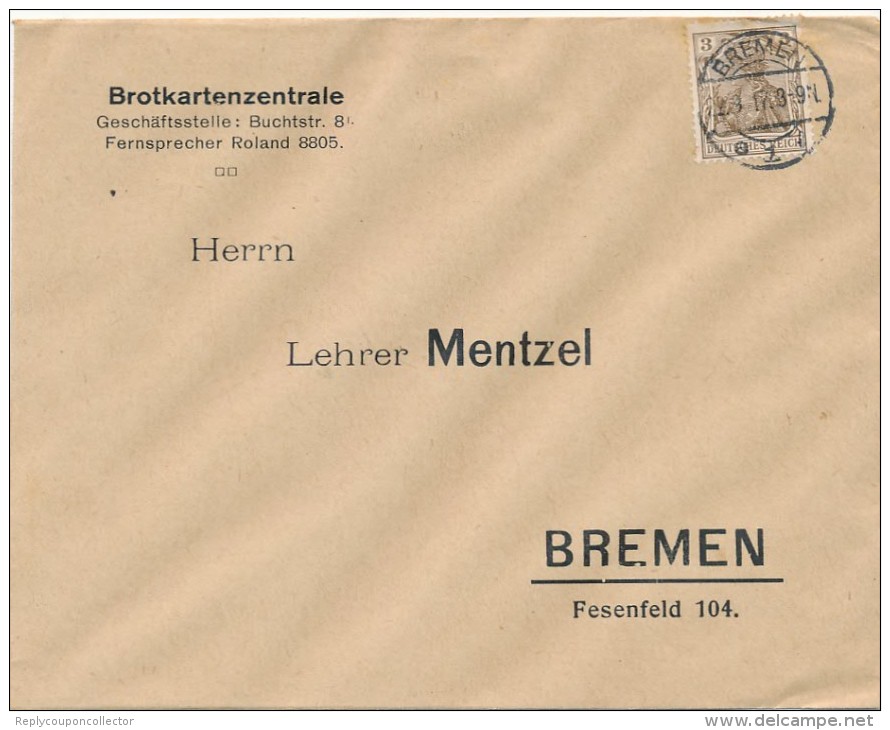 BREMEN - 1917 , Brotkartenzentrale Buchtstrasse  -  Big Letter , Dispatch = 4,00 EURO - Briefe U. Dokumente