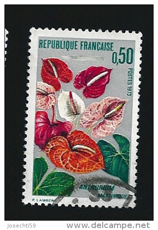 N° 1738 Anthurium - Martinique  1973 Oblitéré Timbre France Variété Trace D’essuyage Dans Le Gris - Oblitérés