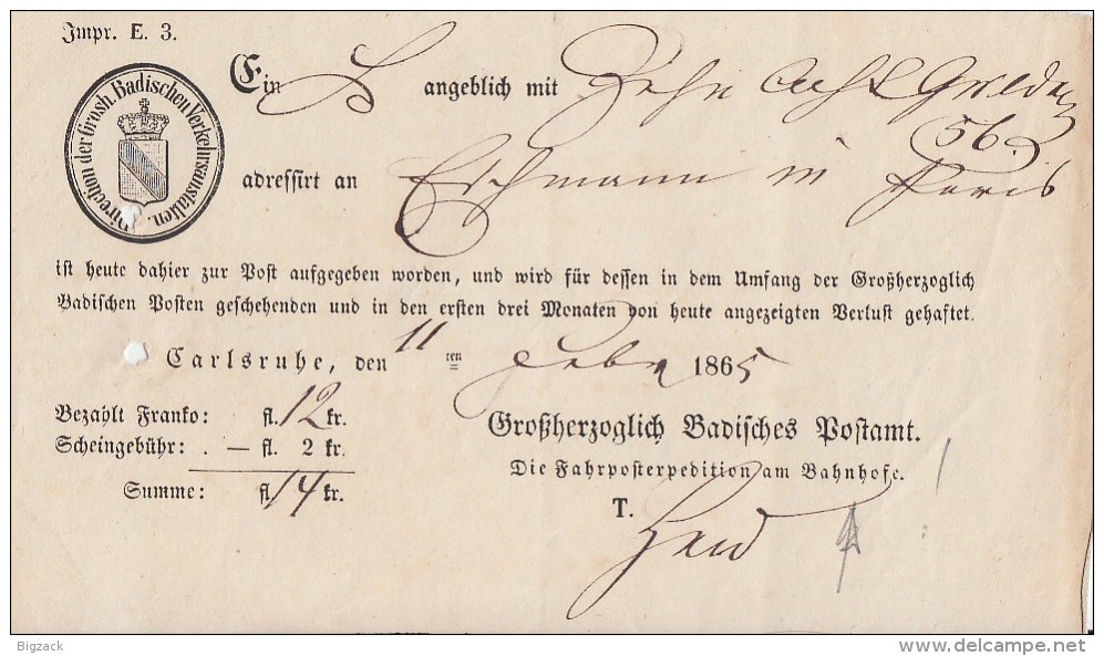 Einlieferungsschein Carlsruhe 11.2.1865 Ansehen !!!!!!!!!!!! - Briefe U. Dokumente