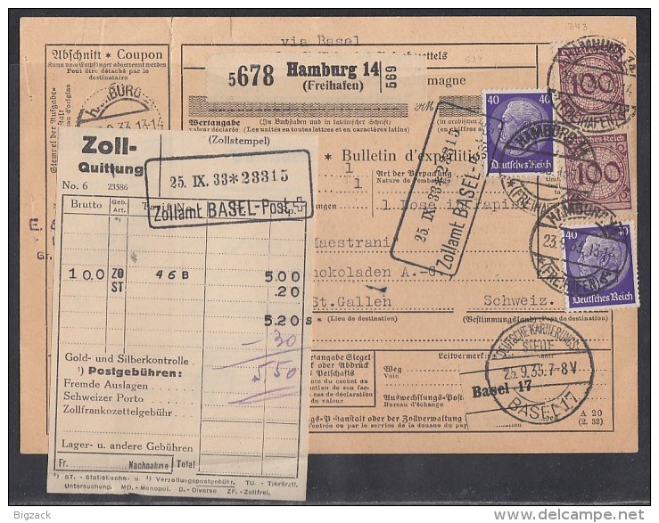 DR Paketkarte Mif Minr.2x 343,2x 472 Hamburg 23.9.33 Gel. In Schweiz - Briefe U. Dokumente