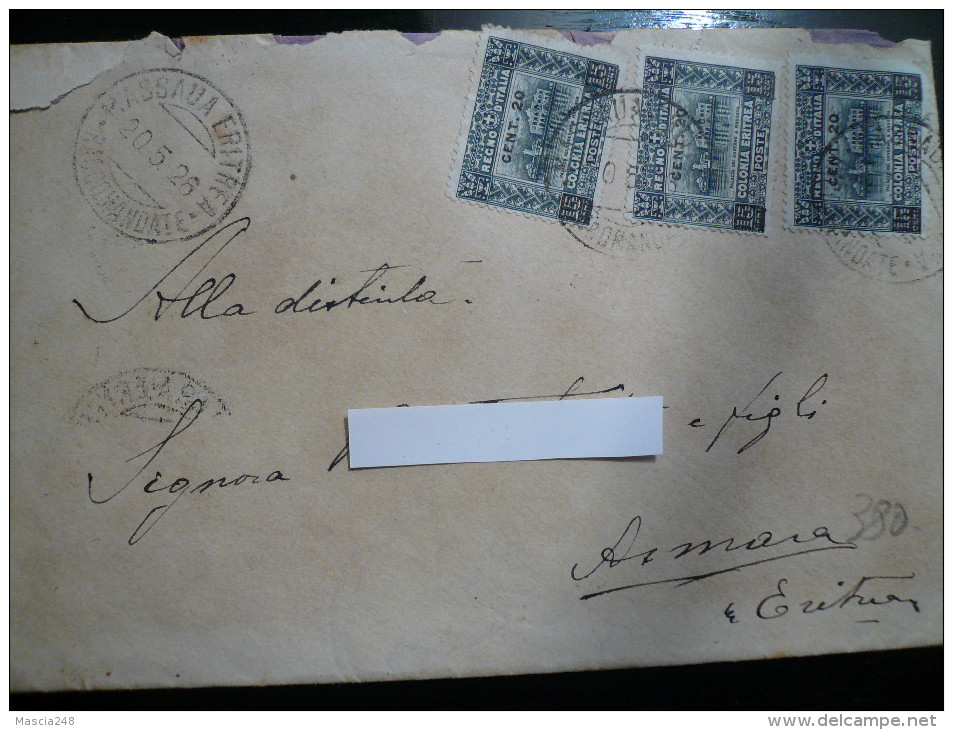 Eritrea Lettera Da Massaua Raccomandate 20.5.1926 Con  Sassone N.46 Sovrastampato 3 Valori Cat.€420 - Eritrea