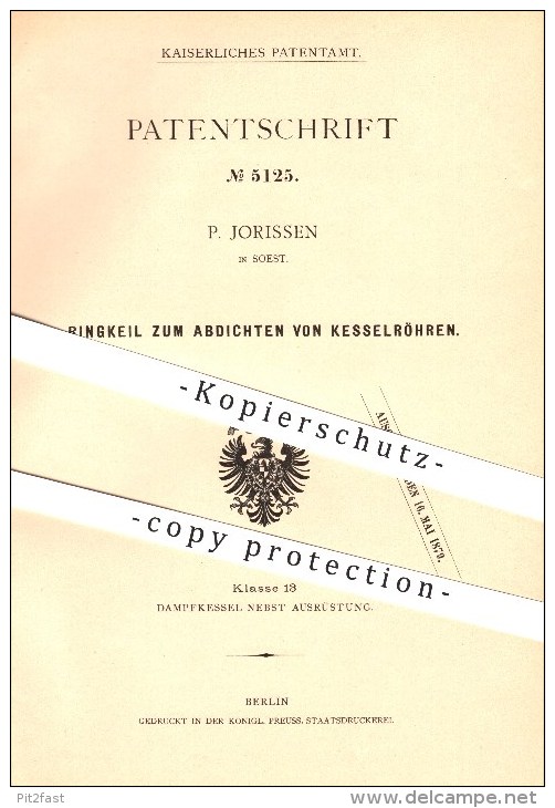 Original Patent - P. Jorissen In Soest , 1878 , Ringkeil Zum Abdichten Von Kesselröhren , Dampfkessel !!! - Soest