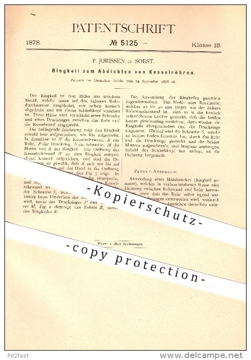 Original Patent - P. Jorissen In Soest , 1878 , Ringkeil Zum Abdichten Von Kesselröhren , Dampfkessel !!! - Soest