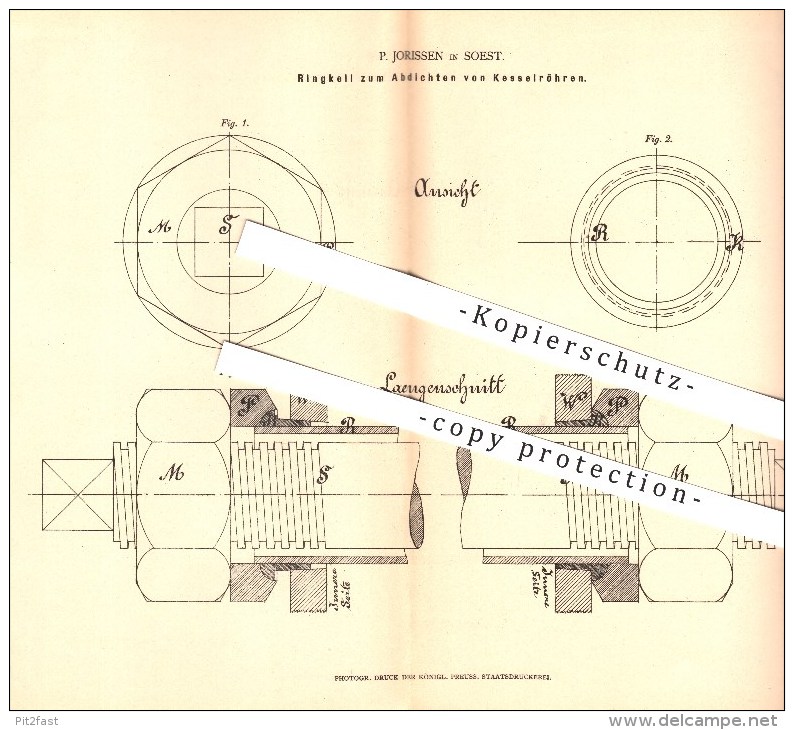 Original Patent - P. Jorissen In Soest , 1878 , Ringkeil Zum Abdichten Von Kesselröhren , Dampfkessel !!! - Soest