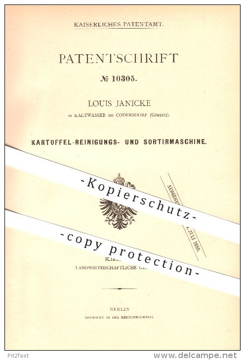 Original Patent - Louis Janicke In Kaltwasser Bei Kodersdorf , 1879 , Kartoffelreinigungs- Und Sortiermaschine , Görlitz - Goerlitz