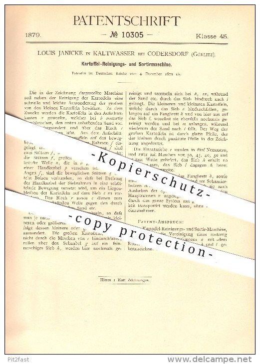 Original Patent - Louis Janicke In Kaltwasser Bei Kodersdorf , 1879 , Kartoffelreinigungs- Und Sortiermaschine , Görlitz - Goerlitz