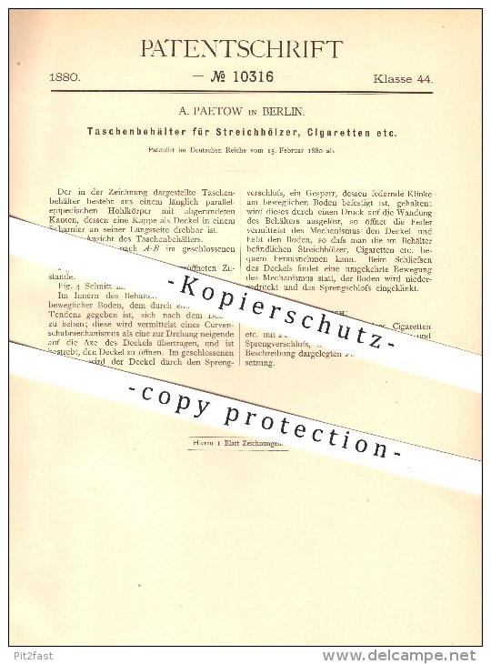 Original Patent - A. Paetow In Berlin , 1880 , Taschenbehälter Für Streichhölzer Und Zigaretten , Zündhölzer !!! - Zündholzschachteln