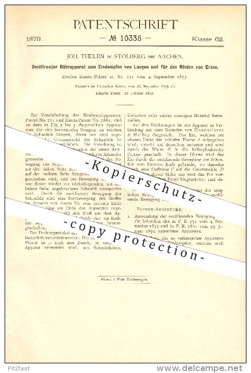 Original Patent - Joh. Thelen In Stolberg Bei Aachen , 1879 , Rührapparat Zum Eindampfen Von Laugen !!! - Stolberg