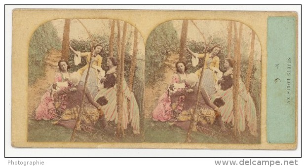 Music Park France Old Stereo Photo Hand Colored 1860' - Stereoscopic