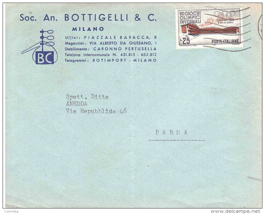 £25 CORTINA 1956 SU BUSTA SOC.AN.BOTTIGELLI & C. - Inverno1956: Cortina D'Ampezzo