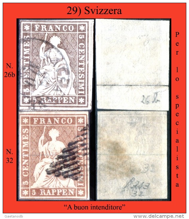 Svizzera-029 - 1854 - 5 Centesimi - Y&T: N. 26b + 32 (o) - Privi Di Difetti Occulti. - Gebraucht