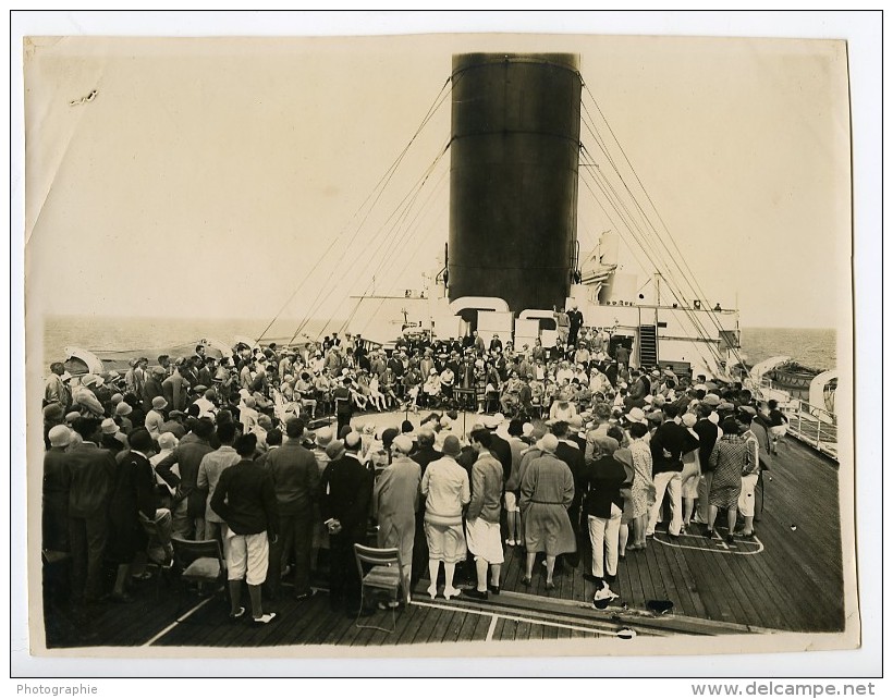 Paquebot Ile De France Jeux Sur Le Pont Course De Chevaux Ancienne Photo 1930 - Boats