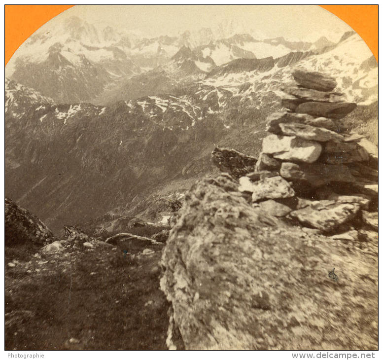 Suisse Vue Prise Du Furkahorn Route De La Furka Ancienne Stereo Photo Jullien 1885 - Photos Stéréoscopiques