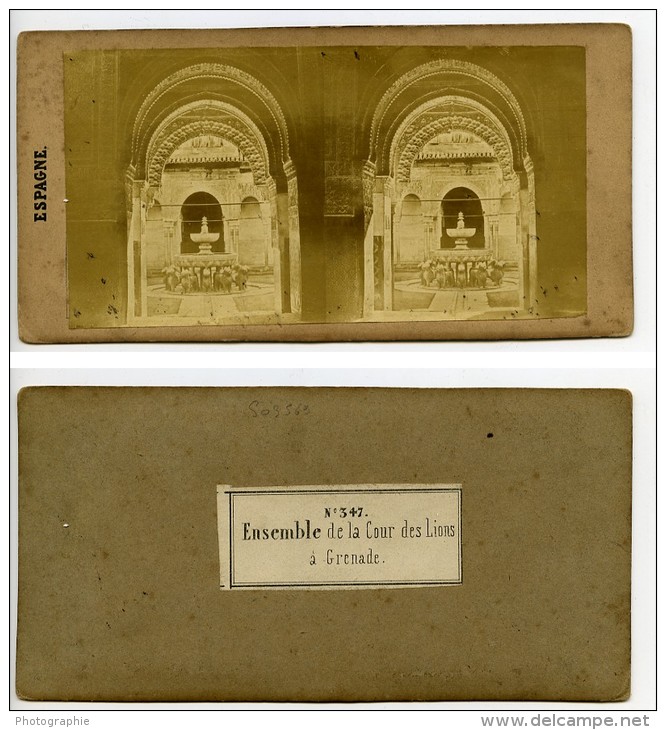 Espagne Grenade Palais De L Alhambra Cour Des Lions Ancienne Photo Stereo 1865 - Stereo-Photographie