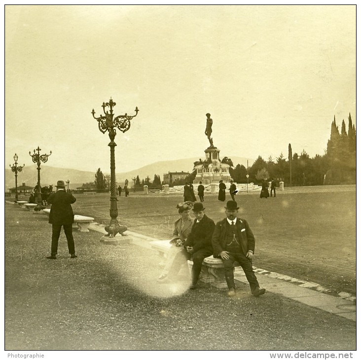 Italie Florence Place Michel Ange Ancienne Photo Stereo Possemiers 1908 - Stereoscopic