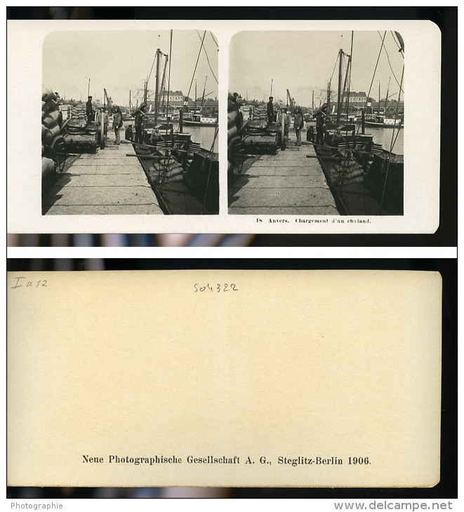 Belgique Port D Anvers Chargement D Un Chaland Ancienne NPG Stereo Photo 1906 - Stereoscopic