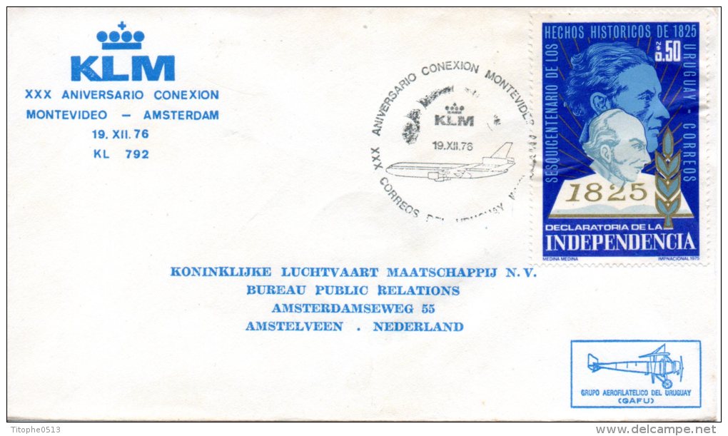 URUGUAY. Enveloppe Commémorative De 1976. Vol Montevideo-Amsterdam. - Avions