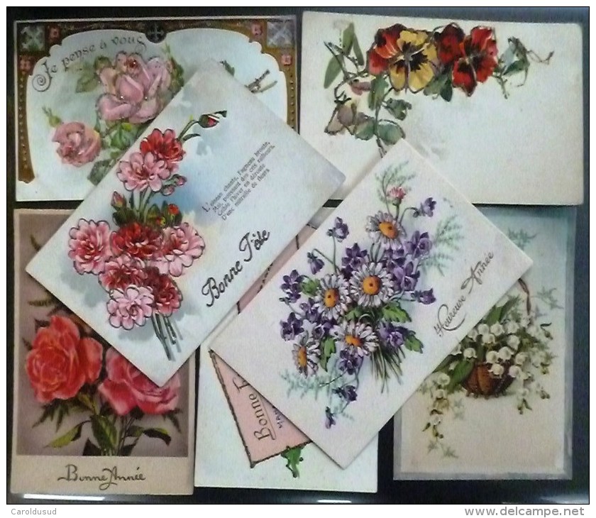 CPA Lot 7x Litho Illustrateur SP IDA SUPERLUXE PFB Klein ? THEME LANGAGE BOUQUET FLEURS AJOUTIS DECOR PAILLETTES - Colecciones Y Lotes