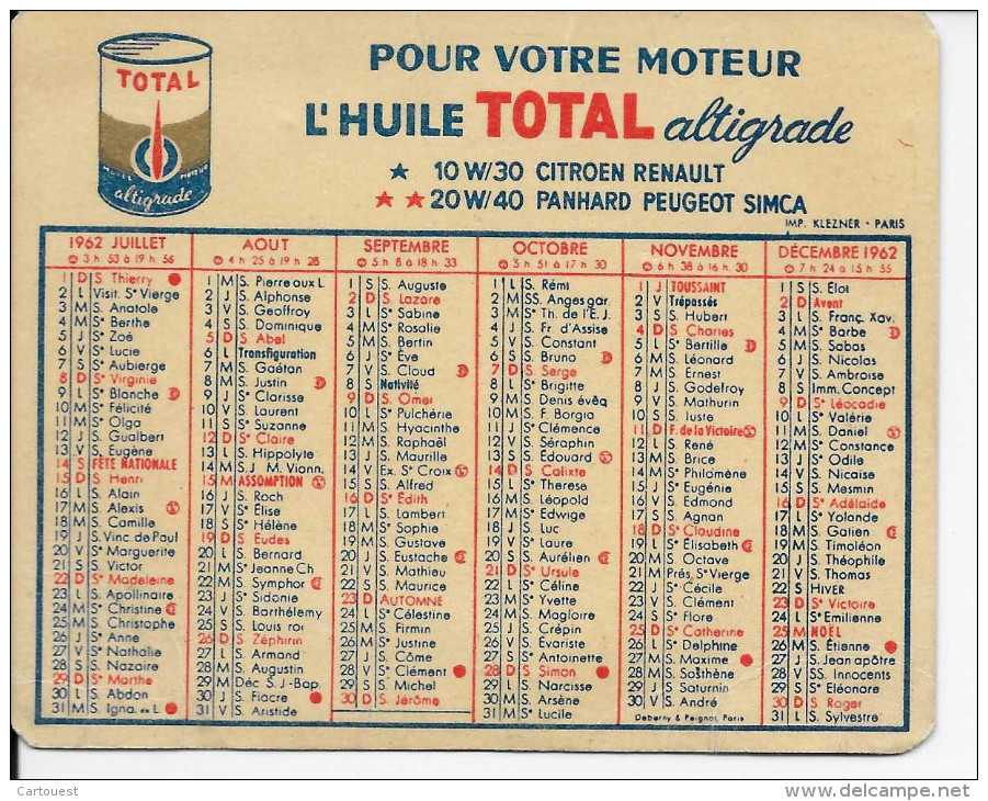 AUTOMOBILE  HUILE TOTAL  PETIT CALENDRIER ANNEE 1962  100 X 80 Mm - Grand Format : 1961-70