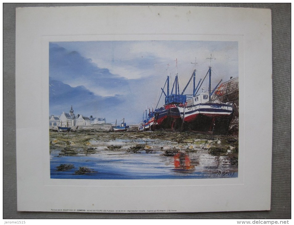 Reproduction D´aquarelle De M. BAUDY Bateaux De Pêche à Marée Basse  & - Oils