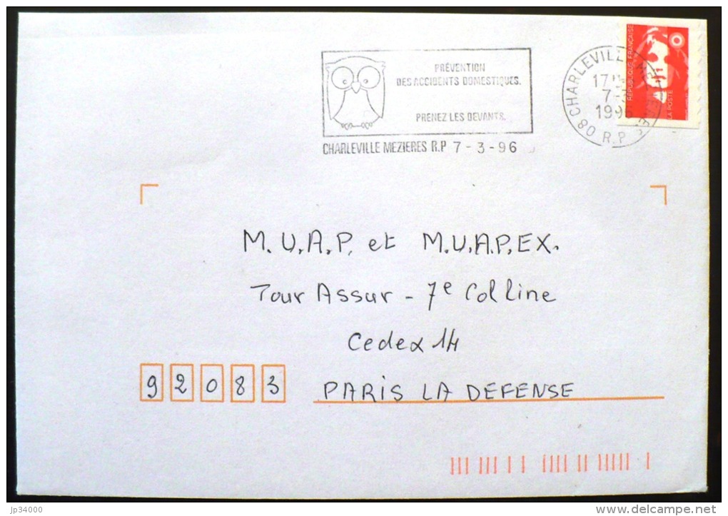 FRANCE Oiseaux, Rapaces, Birds, Vögel, Chouettes Et Hiboux; Flamme Charleville Mezieres 1996 - Hiboux & Chouettes