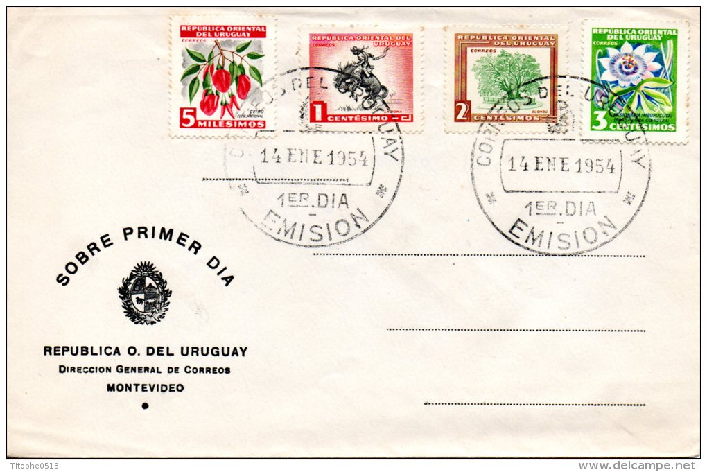 URUGUAY. N°623-6 De 1954 Sur Enveloppe 1er Jour Ayant Circulé. Fleurs/Rodéo. - Otros & Sin Clasificación