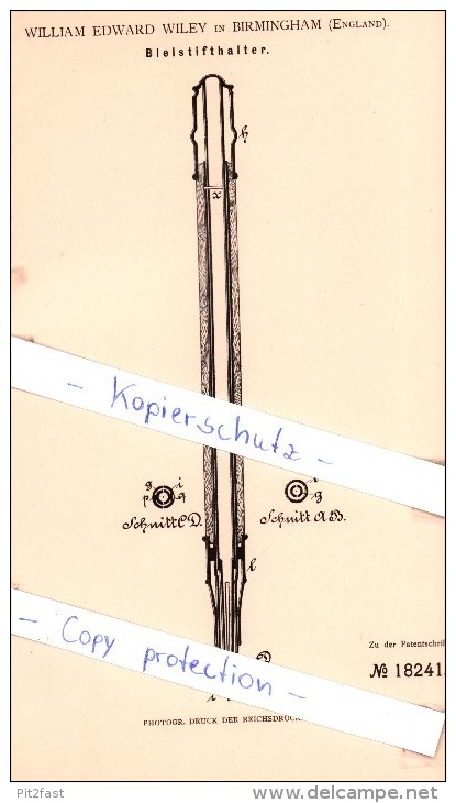 Original Patent - William Edward Wiley In Birmingham , England , 1881 , Bleistifthalter !!! - Schreibgerät