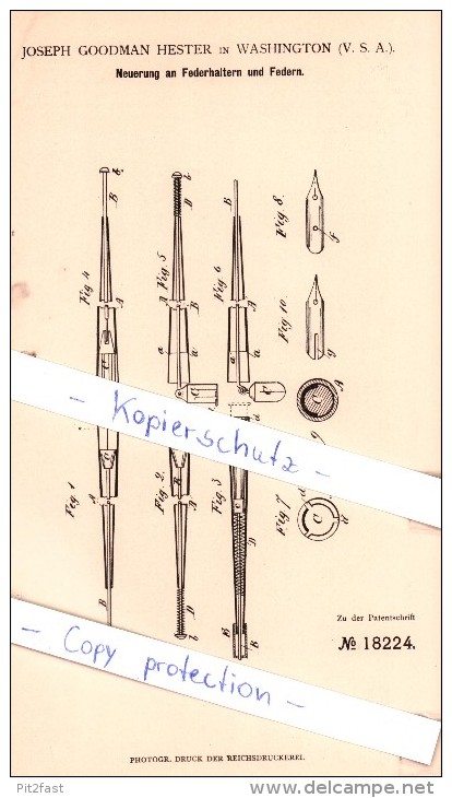 Original Patent - Joseph Goodman Hester In Washington , USA , 1881 , Federhalter Und Feder !!! - Pens